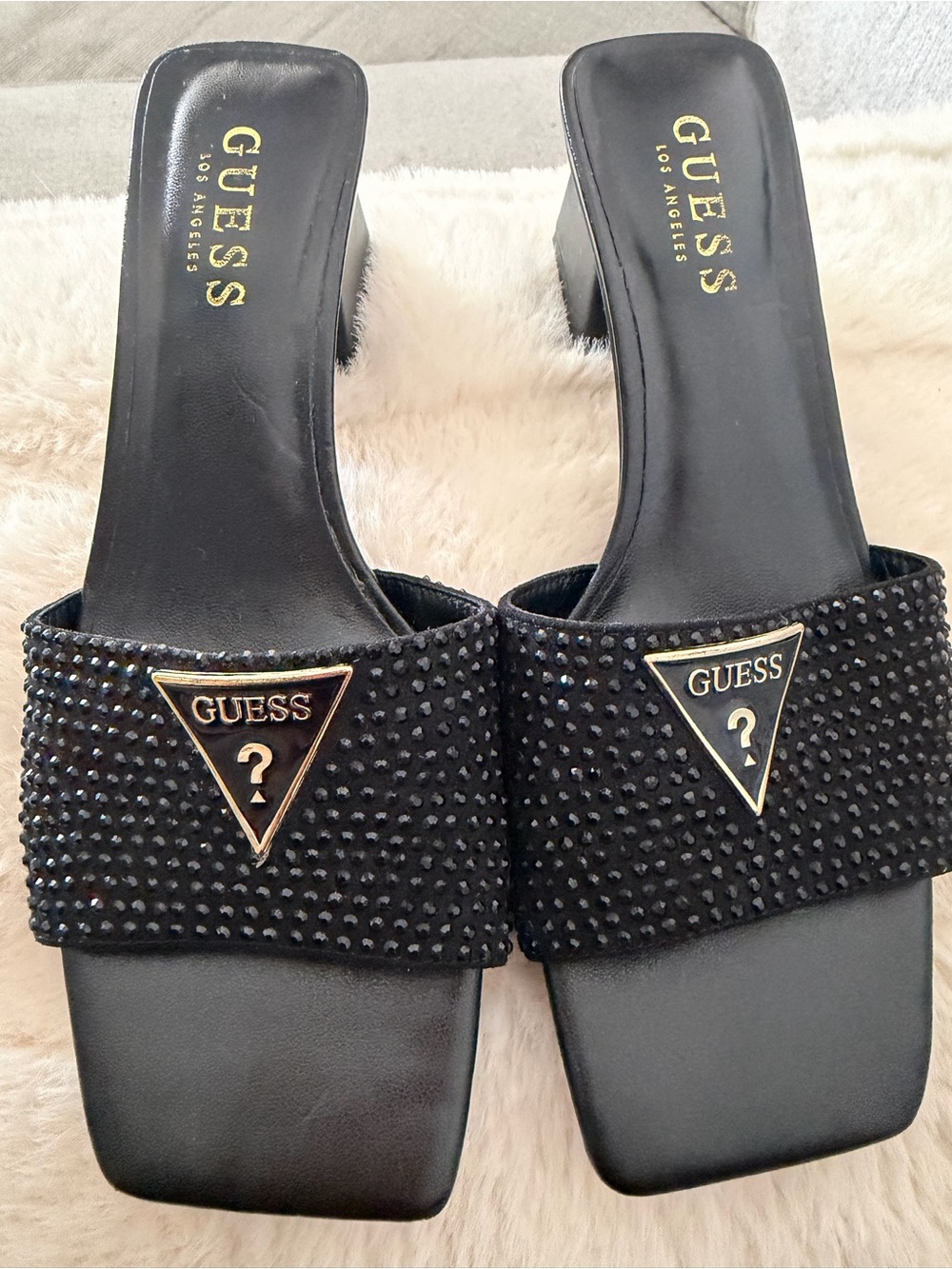 GUESS Black Rhinestone Slide Mules with Gold Triangle Logo